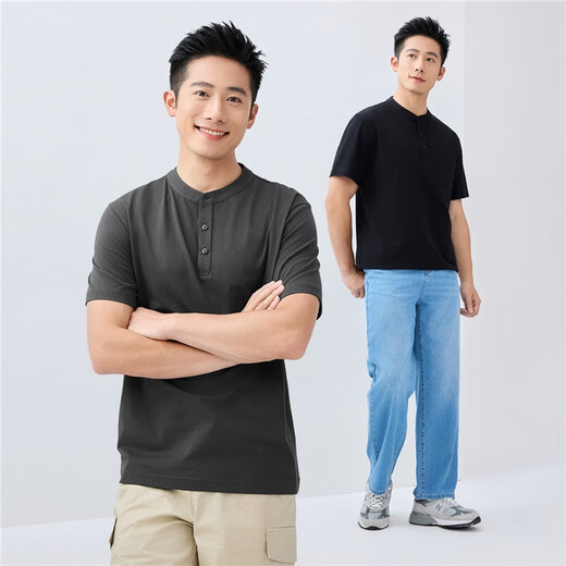 佐丹奴冰氧凉感T恤男夏新款亨利衫黑科技亨利领短袖T恤男18025002 06煤灰 L