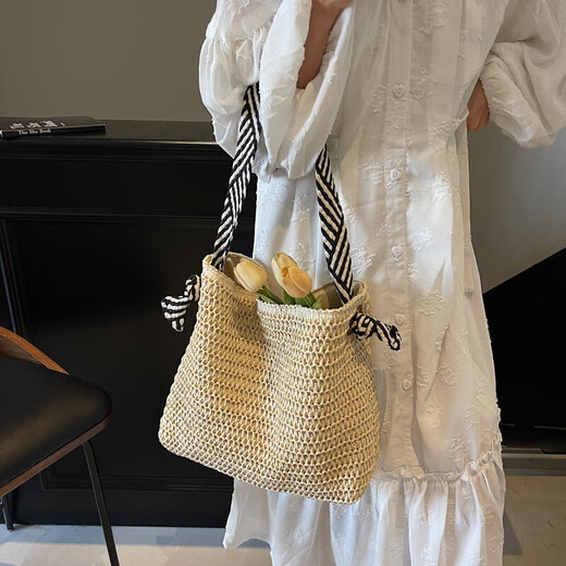 大容量草编包包女2025新款夏海边沙滩度假单肩包通勤慵懒洋805 米白色