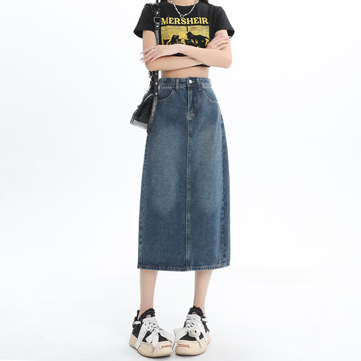 真维斯牛仔半身裙女2025夏季新款高腰显瘦开叉a字中长款复古包臀裙子女 3878白色 XS