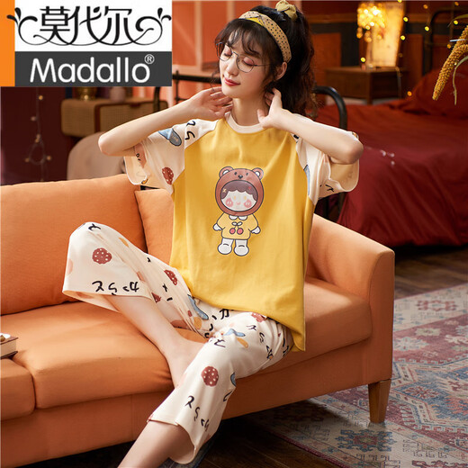 莫代尔睡衣女夏季2025新款纯棉短袖七分裤大码家居服套装女款夏款可外穿 9207 M (适合85-100斤)