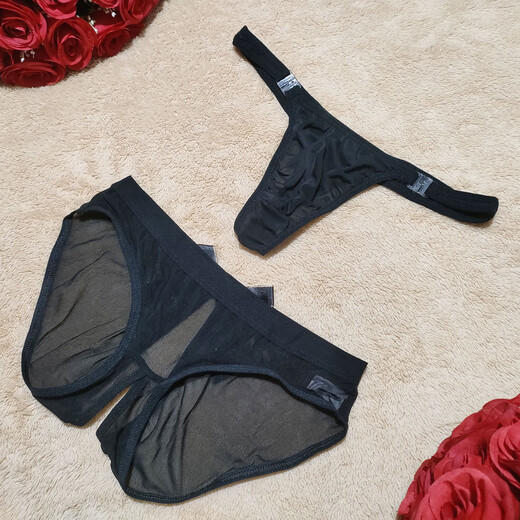 2 pack of hot and sexy mesh transparent low-waist women's briefs men's thong couple underwear, men's mesh with holes + women's mesh with crotch opening, red, one size fits all