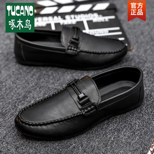 
Woodpecker Wenzhou leather shoes formal wear trendy autumn lightweight men's lof bean shoes simple Korean style non-slip men's shoes small leather shoes D878 black-brand flagship 39