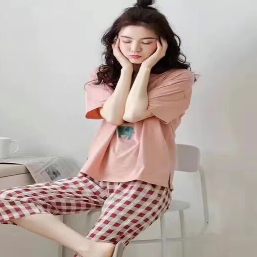 Jinrenchu ​​pajamas for women in summer pure cotton short-sleeved cropped pants dots can be worn outside for women's home clothing set 9856 Single size M code recommended for 80-100Jin [Jin equals 0.5 kg]