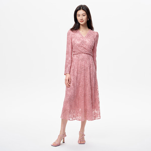 Kelaitier [multi-color style] [same style as Qiao Xin] 25-year-old French rose lace dress with temperament embroidered slim style light red XL