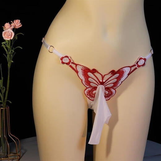 Japanese sexy thong men's jj set with butterfly pattern one piece lace underwear low waist large size large size red 150-200Jin Jin equals 0.5kg Feitian set - closed mouth