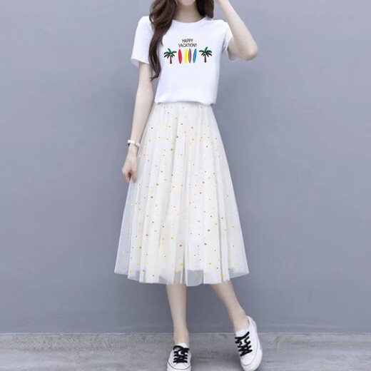 酷章（KUZHANG）网纱裙女两件套装夏季新款短袖t恤女小个子半身裙子学生连衣裙女 韩6198#白色+黑色裙 S