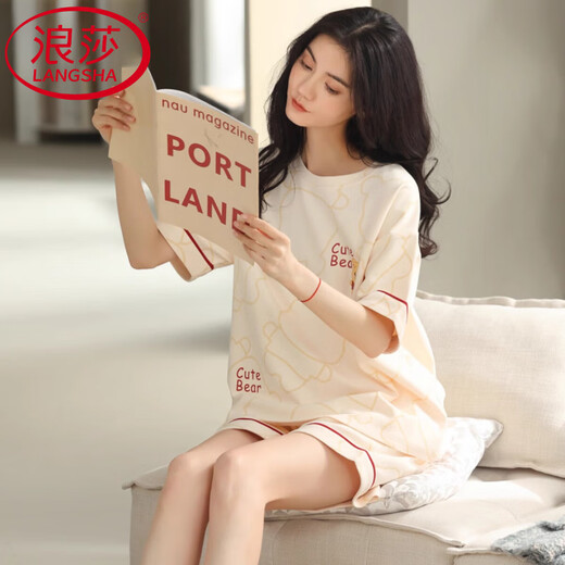 LangSha light luxury high-end pajamas for women in summer pure cotton thin short sleeves New cute summer home clothing two-piece set DGG-N1478 tight pure cotton M [recommended 80-100Jin [Jin equals 0.5 kg] wear]