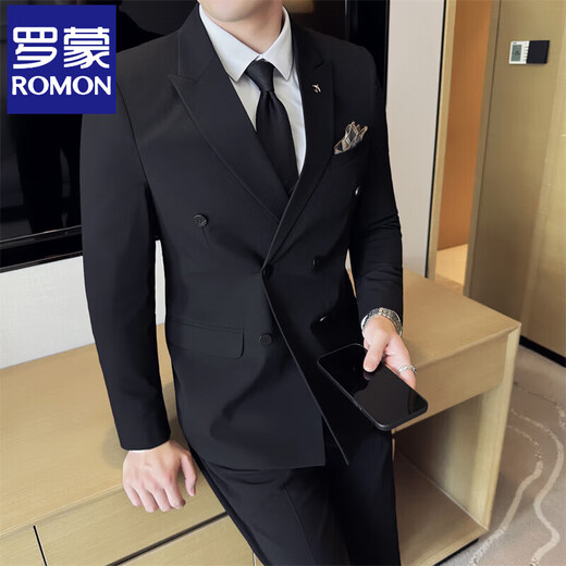 Luo Meng Suit Men's 2025 Autumn and Winter Black Formal Groom Wedding Dress Double-breasted Suit Jacket Single Dress Black XL 125-140Jin Jin is equal to 0.5 kg