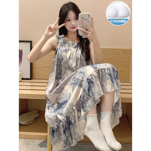 康多蜜冰丝睡衣女夏季薄款加长款吊带睡裙绸带胸垫士夏天水墨画感家居服 SSM-3889[自带胸垫] M [75-100斤]