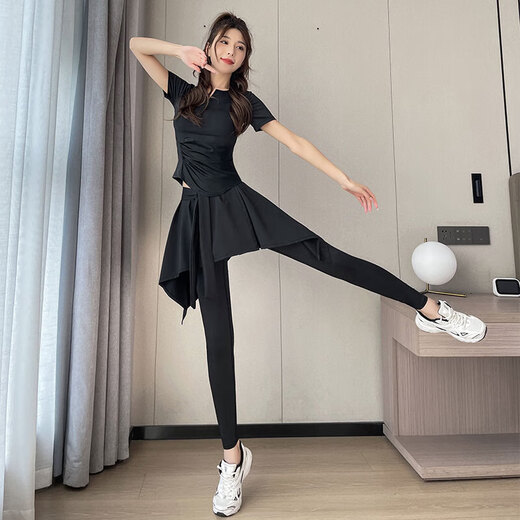 LULULOMDDW Running Sports Suit Women's Summer 2025 New Pilates Yoga Wear Gym Quick-Drying Clothes Fake Two Suit/Black + Black L (Please refer to bust and waist for size selection)