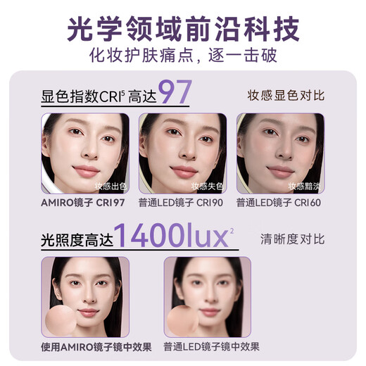 AMIRO Light Makeup Mirror with Light LED Smart Makeup Mirror HD Fill-in Light Makeup Mirror Desktop Mirror Christmas Gift for Girls O2 Haze Purple