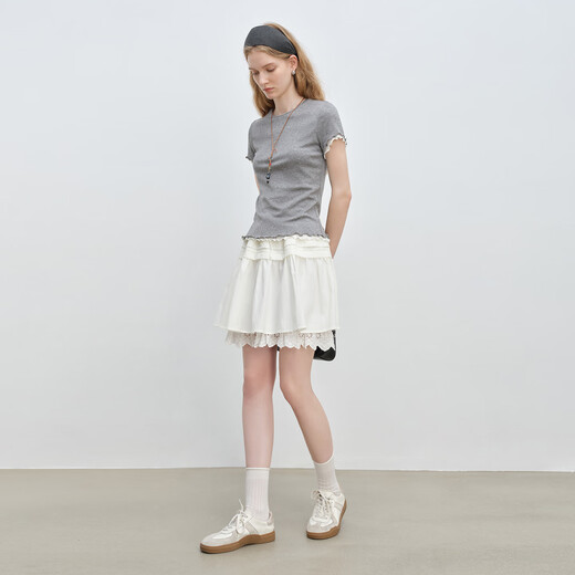 自巧小个子蕾丝拼接设计感短款半身裙女夏季2025新款蛋糕a字短裙 雅白色 S （尺码：3）