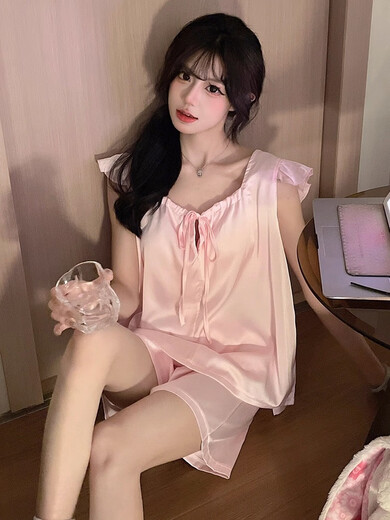 Modal ice silk pajamas for women in summer 2025 new Xiaofei cuffs chest pad high-end women's large-size short-sleeved home clothing JDX_9227# vest cover pink (with fixed chest 1 M
