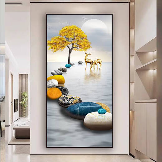 
Praying the Immortal Elk Porcelain Sticker Wall Sticker Self-adhesive Decorative Painting Living Room Background Wall Corridor Wall Mural Sticker Wall Painting Jiuyu Wufu-XG-691 Golden Border Width 40*High 80cm