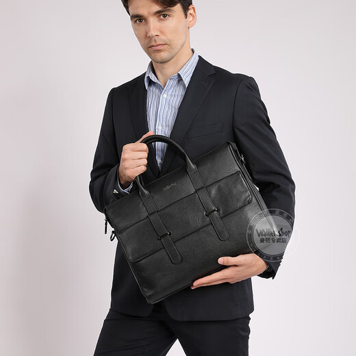 Walker Shop men's briefcase [selected first layer cowhide] 2025 new large-capacity briefcase business handbag black (height 28*width 38*thickness 7cm) 14 inches