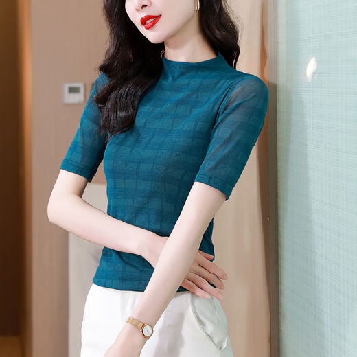 DRYWORLD洋气百搭真丝t恤女大码网纱双层打底衫女装2025新款短袖夏上衣女 花色 【时尚爆款9898图片色】 M