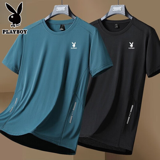 花花公子（PLAYBOY）夏季冰丝速干透气专柜青年运动百搭短袖T恤/2件 舒适亲肤  深灰+黑色冰丝短袖两 XL 建议【115-125斤】