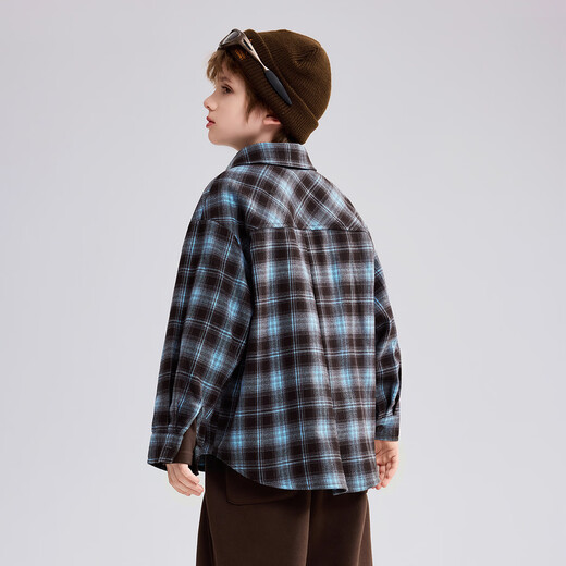 ASK JUNIOR brushed children's shirt 2026 autumn medium and large children's lapel plaid contrast shirt boys jacket brown 130