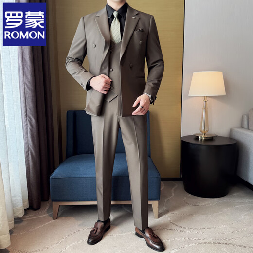 ROMON double-breasted suit suit for men business new professional formal fit groom wedding suit fashion British navy suit + vest + pants XL (suitable for 126-140 Jin Jin equals 0.5 kg)