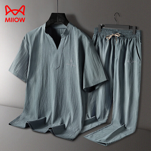 Catman (Miiow) 2025 Neue Pyjamas-Sommermodal-Ice-Seiden-Kurzärmel-Hosen Herren-Outfits können zu Hause Kleidung tragen 9906 Graublau [Kurzärärmel + Shorts] Set XL [105-120jin [Jin gleich 0,5 kg]]