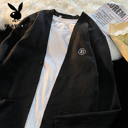 花花公子（PLAYBOY）春秋ins针织衫外套男女潮牌法式复古港风休闲百搭开衫毛衣上衣服 棕色 S
