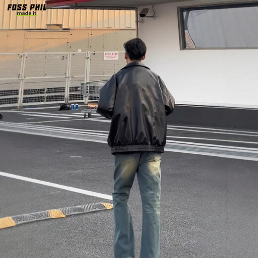 Foss Phil leather jacket men's autumn and winter retro pu leather jacket casual lapel solid color top Q2499 black L