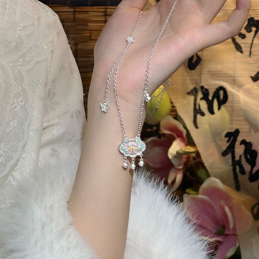VTLS999 sterling silver necklace women's foot silver safety lock enamel pendant Christmas and Valentine's Day gift for girlfriend S999 sterling silver necklace bow gift box + engraving