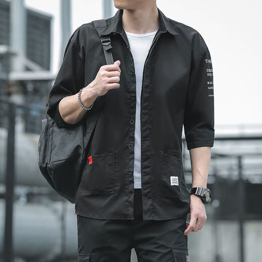 [Korean style workwear] Shirt men's seven-point long-sleeved loose trendy casual half-sleeved summer mid-sleeved top men 701 green 2XL