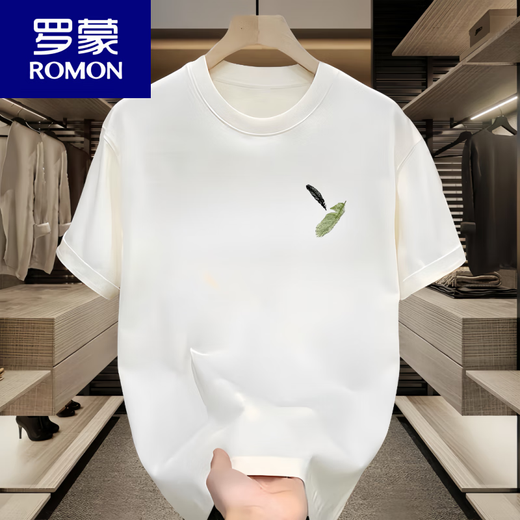 罗蒙（ROMON）男士短袖t恤夏季薄款潮牌宽松休闲印花半袖衣服男款重磅纯棉体恤 白色前左侧小图K1098 两片小羽毛 S 建议90-100斤