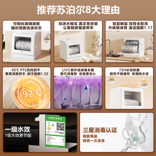 Supor household super first-class water efficiency double water inlet tabletop installation-free dishwasher upgraded soft water system 92 hot air drying integrated washing, disinfecting and drying high temperature sterilization
