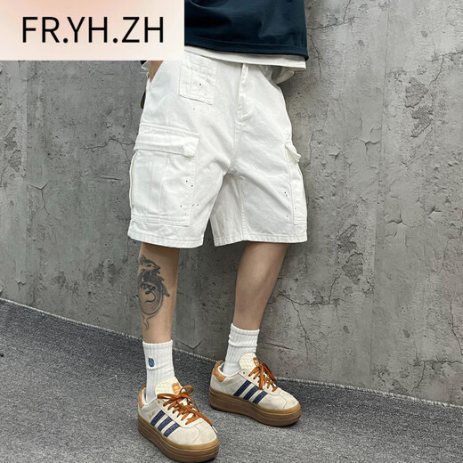 Fr.yh.zh yin xiaoji lavado pesado ropa de trabajo suelto de bolsillo gran bambú de mezclilla blanca pantalones de cinco puntos para hombres y mujeres 1049 blancos M [90-110]