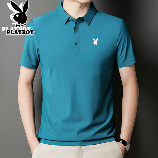 Camiseta de manga corta de seda de seda de hielo playboy para hombres 2025 Nuevo negocio de mediana edad solapa de color sólido Polo de gran tamaño Klein Blue-12358H-Ice Silk Traceless Camiseta 2XL 140-155Jin [Jin equivale a 0.5 kg]