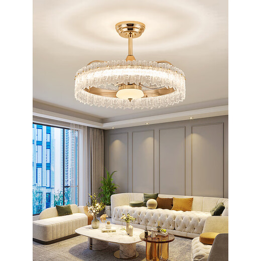 Crystal fan light 2025 new living room light master bedroom light ceiling with electric fan shaking head restaurant ceiling fan 12033 gold ceiling model 50CM Wuji + shaking