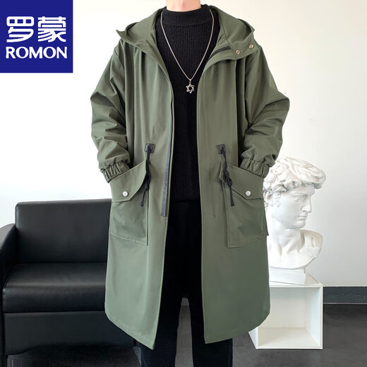 ROMON windbreaker men's mid-length autumn and winter new men's Korean style trendy loose over-the-knee pie jacket handsome coat military green M