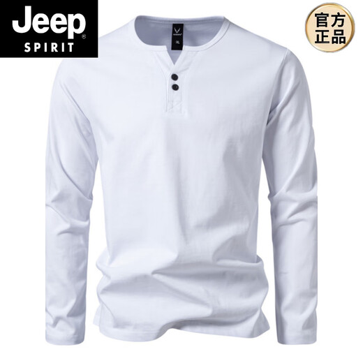 JEEP SPIRIT 300g heavy cotton large size slim henley collar long-sleeved T-shirt men's spring and autumn solid color sports fitness T-shirt military green L