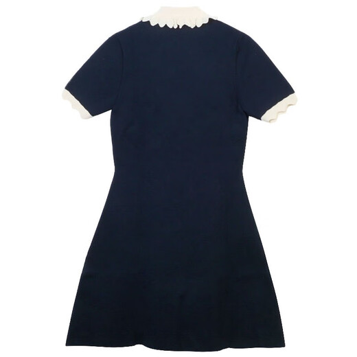 
FHHUABD Women's 2025 Autumn and Winter New Solid Color Lace Cuffs Slim Doll Collar Mid-length Knitted Dress Thick 16837 Navy Blue L