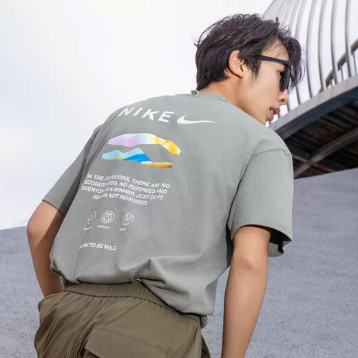耐克（NIKE）短袖T恤男士2025夏季新款运动服潮流印花圆领半袖衫休闲上衣 纯棉HF6172-053灰色 100 S /165/推荐-120斤