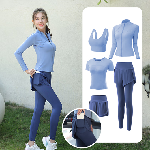 Fluniyu Sports Suit Women's Running Breathable Quick-Drying Yoga Suit Women's Five-piece Fitness Suit Pilates Training Suit Purple Five-piece Suit Stand Collar L Recommended Weight 100-112 Jin Jin equals 0.5 kg