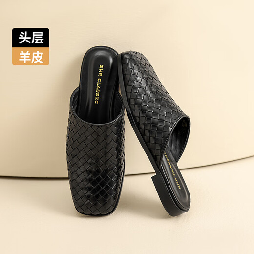 ZHR头层羊皮拖鞋女夏季复古穆勒风半拖女外穿通勤女鞋 S677 尊贵黑36