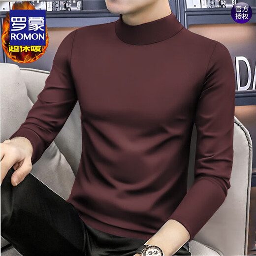 ROMON half turtleneck solid color autumn and winter long-sleeved T-shirt for men, new mid-collar slim-fitting bottoming shirt with velvet to keep warm, burgundy regular style 4XL 175-195Jin Jin is equal to 0.5 kg