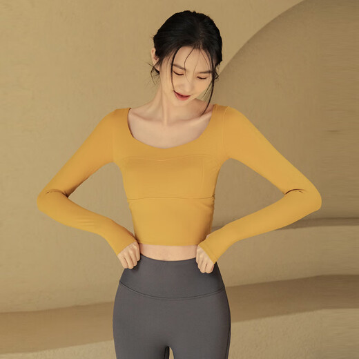 Aisunstyle yoga clothes with chest pads for autumn and winter slimming long-sleeved sports tops for women running Pilates training fitness clothes espresso M