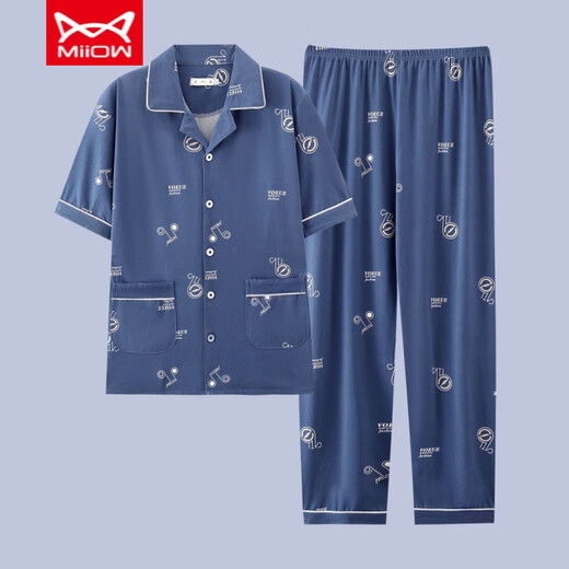 猫人 MIIOW男士睡衣男夏季纯棉休闲春秋薄款家居服套装短袖青年夏天加大码 G3881蓝色（短袖） L 【建议-120斤】