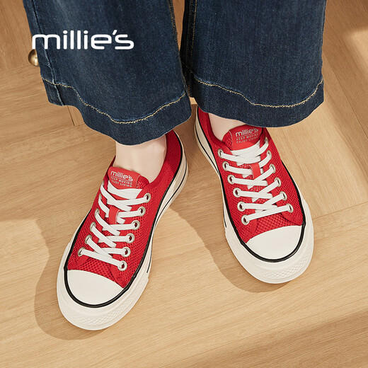 妙丽（Millies）网面鞋女透气百搭休闲板鞋女夏季薄款帆布鞋小白鞋女鞋 红色 36