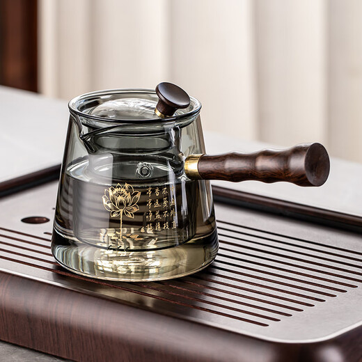 Porcelain brand tea set, carved glass teapot, tea set, household anti-scalding wooden handle tea kettle, high-end Kung Fu tea set, gray bamboo carved teapot, 8-piece set with handle and cup + tea tray