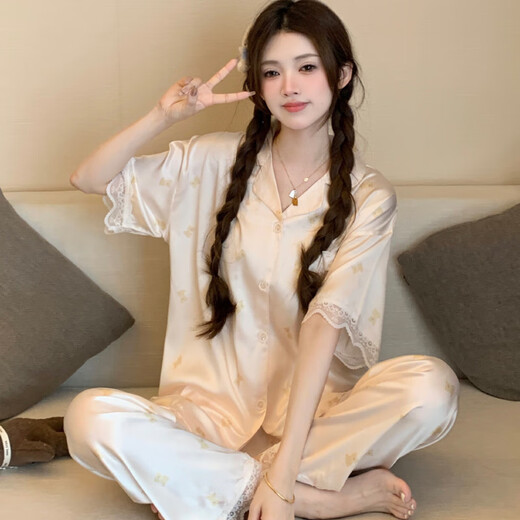 维多利亚的格调冰丝睡衣女可爱风小熊夏季新款感卡通短袖长裤家居服 套YFY9905# M 【建议80-100斤】