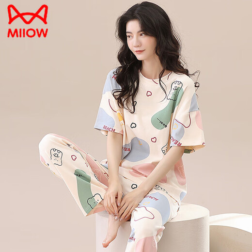 Catman (MiiOW) pure cotton pajamas for women in summer new large-size short-sleeved trousers spring and autumn summer women's home clothes thin two-piece set ZH-9721 M