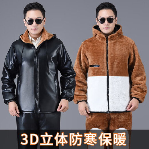 Liyang Men's Leather Clothes and Leather Pants Suit Plus Velvet Thickened Windproof Warmth Waterproof Motorcycle and Motorcycle Driving Takeaway Work Clothes Shoulder Pads Belly Protection Leather Clothes Leather Pants Set Plus Velvet XL 90-110Jin Jin is equal to 0.5 kg