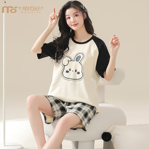 Modal summer short-sleeved plaid pajamas suit fat MM women 200 Jin [Jin equals 0.5 kg] Home clothing Korean version loose and can be worn outside casual cartoon KNC3519 L