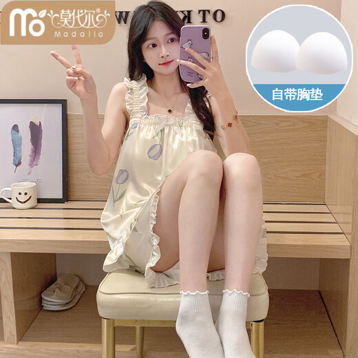 莫代尔睡裙女夏季自带胸垫冰丝凉感吊带睡衣夏天女士甜美可爱家居服春夏 3887【不可拆胸垫】 M 【75-100斤】