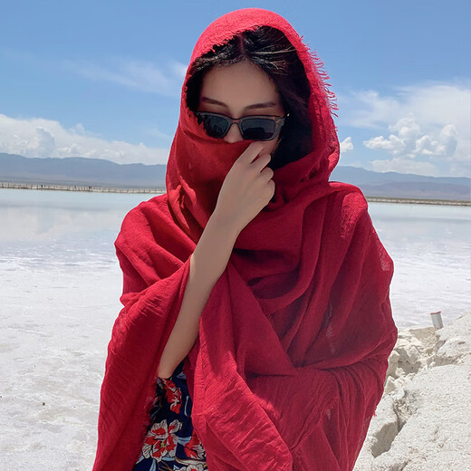 大红色拍照棉麻围巾沙漠防晒披肩海边旅游沙滩青海茶卡盐湖纱巾女 红色